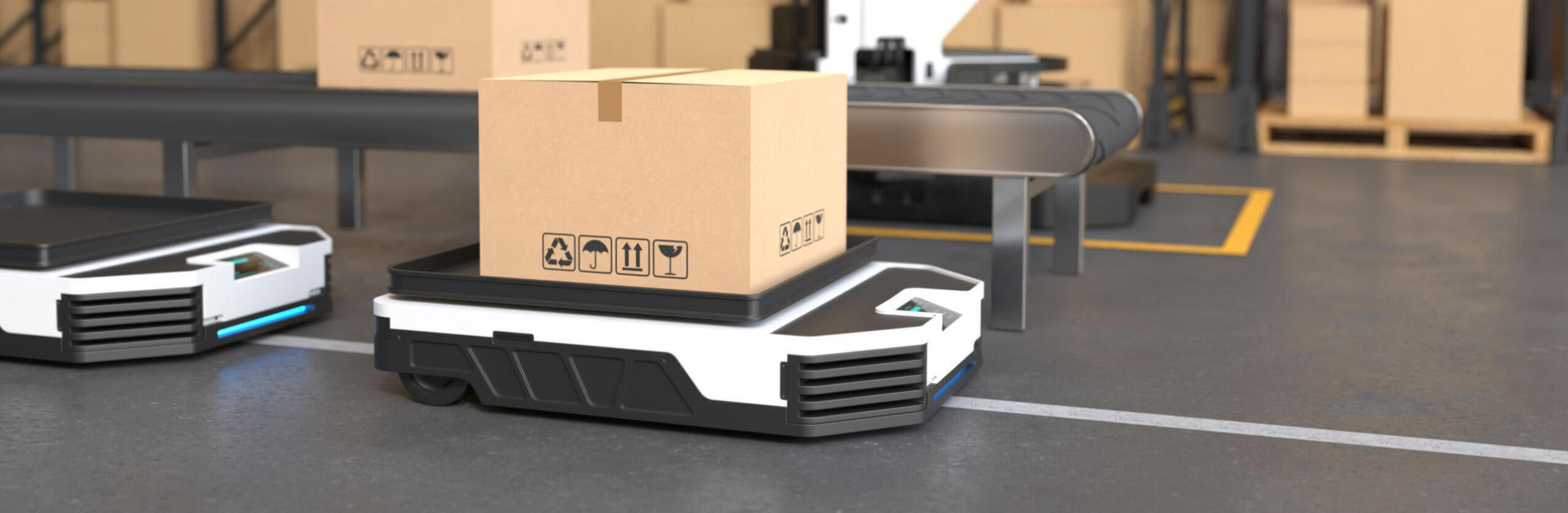 Robot arm picks up box autonomous